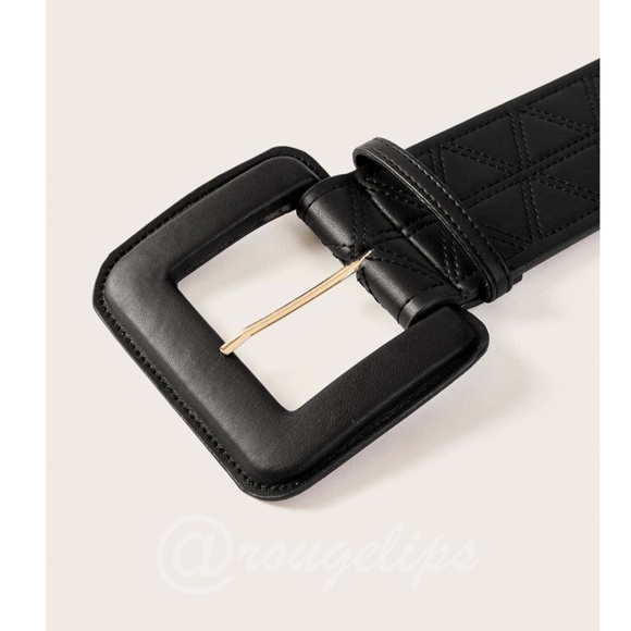 Black Faux  Leather Textured Quilted Belt Squared Buckle - Picture 6 of 10